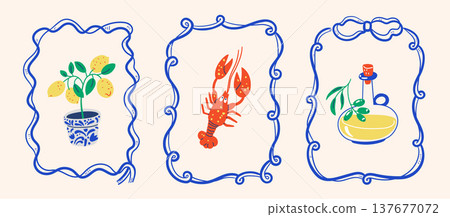 Lemon Plant With Lobster Motif Folk 137677072