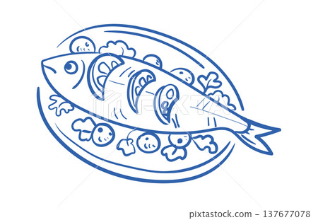 Fish Baked With Lemon Line Art 137677078