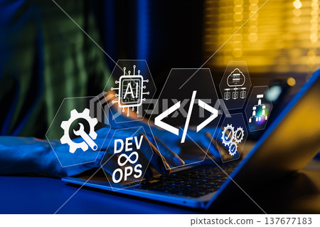 DevOps and AI integration in software development process concept. Developer working on laptop with digital coding icons, automation, programming, cloud computing and machine learning technology. 137677183