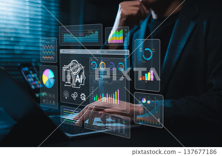 AI analytics dashboard concept. Professional using laptop to monitor artificial intelligence driven data, real time performance metrics, business intelligence insights for strategic decision making 137677186