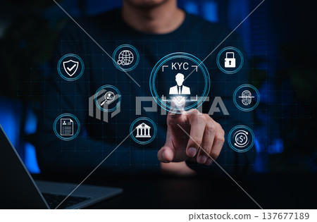 KYC verification concept. User using digital interface to confirm customer identity with secure banking compliance and financial fraud prevention in modern fintech environment biometric authentication 137677189