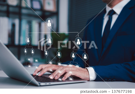 Human resources management concept. corporate organization chart, Businessman using laptop with corporate hierarchy structure for leadership, team building, recruitment, strategic company planning, 137677198