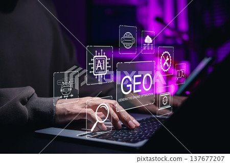 GEO Generative Engine Optimization Concept. Professional using laptop with AI icons represents advanced SEO tech, AI search, website strategy, answer content automation, data driven digital marketing, GEO Generative Engine Optimization Concept. Professional using laptop with AI icons represents advanced SEO tech, AI search, website strategy, answer content automation, data driven digital marketing, 137677207