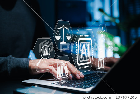 Artificial intelligence regulation and ethics concept. AI law ethics, Person using laptop with interface showing AI chip, legal compliance, scale, justice and data protection icon for digital policy. 137677209
