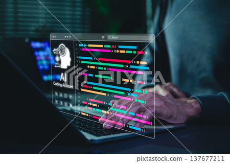AI coding assistant and programming support. Programmer use laptop with AI coding assistant and colorful program code, representing artificial intelligence in software development and code generation. 137677211