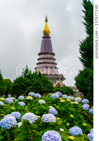 Queen Pagoda Naphaphonphumisiri at Doi Inthanon National Park Thailand. Royal stupa built in 1992 for Queen Sirikit, surrounded by gardens and mountain views near the highest peak of Thailand. 137677240