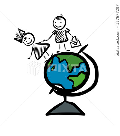 Children's object: children and a globe. Back to school vector illustration. Handmade, not AI Children's object: children and a globe. Back to school vector illustration. Handmade, not AI 137677297