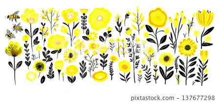 Set of hand drawn yellow flowers, leaves and branches. Not AI, Vector illustration Set of hand drawn yellow flowers, leaves and branches. Not AI, Vector illustration 137677298