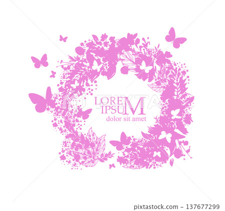 Abstract round frame with pink flowers and butterflies . hand drawn. Not AI, Vector illustration Abstract round frame with pink flowers and butterflies . hand drawn. Not AI, Vector illustration 137677299