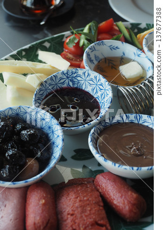 Food platter with assorted items in a restaurant setting Food platter with assorted items in a restaurant setting 137677388