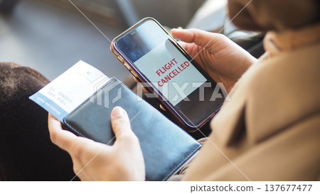 Flight cancellation notice shown on a smartphone screen Flight cancellation notice shown on a smartphone screen 137677477