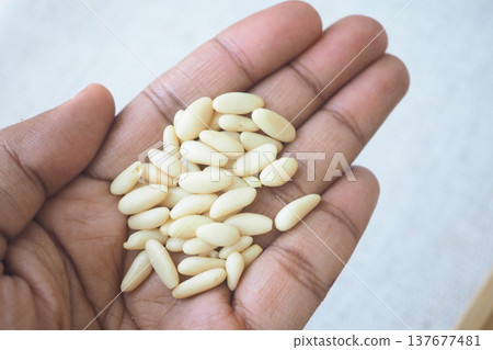 Hand Holding Pine Nuts Close-Up Shelled Seeds On Palm Hand Holding Pine Nuts Close-Up Shelled Seeds On Palm 137677481