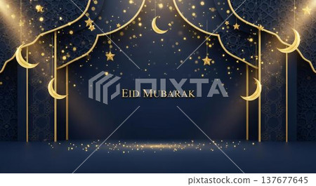 Eid Mubarak celebration background with golden crescent moons and stars 137677645