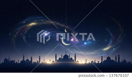 Islamic mosque under cosmic galaxy sky with crescent moon and stars surreal fantasy landscape 137678107
