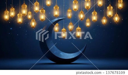 Crescent moon with golden hanging light bulbs in dark cosmic space minimalist concept 137678109