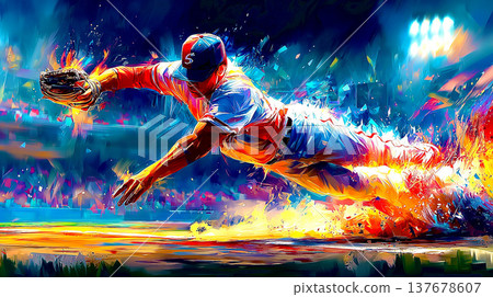 A diving catch imbued with the energy of flames, a dynamic piece of baseball fielding art. A diving catch imbued with the energy of flames, a dynamic piece of baseball fielding art. 137678607
