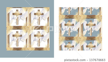 Cristian seamless pattern with glowing candle and wooden cross on colored background. Watercolor Easter design for church media, greeting cards, book covers, candle labels, gift wrap, religious design Cristian seamless pattern with glowing candle and wooden cross on colored background. Watercolor Easter design for church media, greeting cards, book covers, candle labels, gift wrap, religious design 137678663
