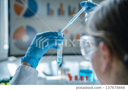 A laboratory professional conducts a chemical experiment using a pipette and test tube, focusing on precision and safety. Scientific data and research charts are displayed behind the researcher A laboratory professional conducts a chemical experiment using a pipette and test tube, focusing on precision and safety. Scientific data and research charts are displayed behind the researcher 137678666