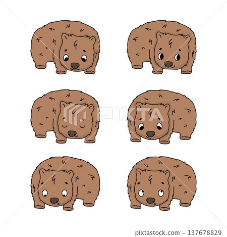 Cute set of isolated cartoon wombats with different emotions. Vector drawing of adorable herbivore animal character. Collection of design elements for children 137678829