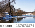 Bare branches overhang a partially frozen river edge with melting snow under bright spring sky 137678874