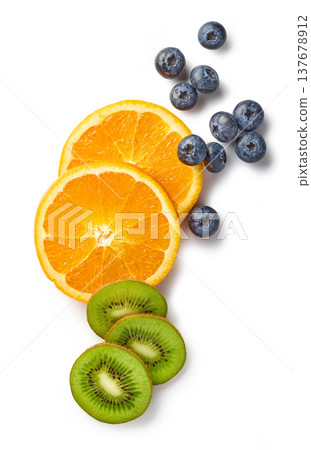 Vitamin C rich fruits arranged on white background, top view 137678912