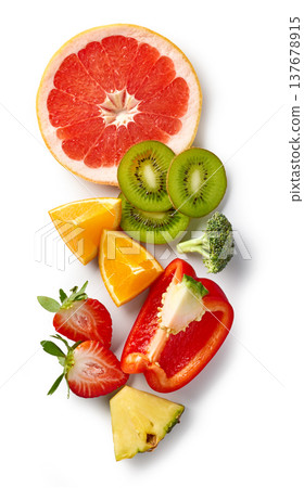 Vitamin C rich fruits and vegetables arranged on white background, top view Vitamin C rich fruits and vegetables arranged on white background, top view 137678915