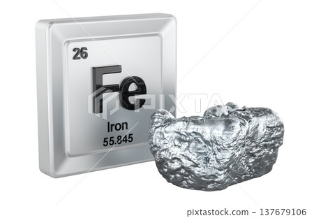 Fe element tile with iron raw metal sample. 3D rendering 137679106
