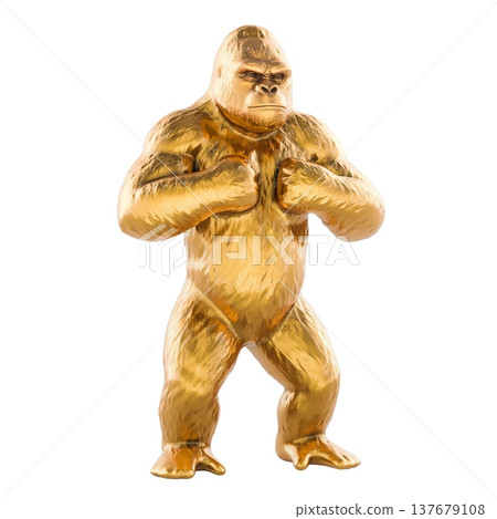 Golden gorilla figurine standing. 3D rendering Golden gorilla figurine standing. 3D rendering 137679108