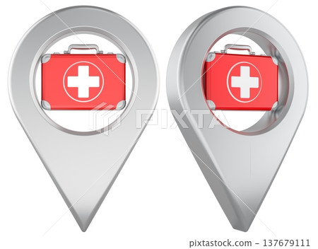 Map pointer with first aid kit. Medical location, pharmacy, clinic, and emergency help point, concept. 3d rendering 137679111