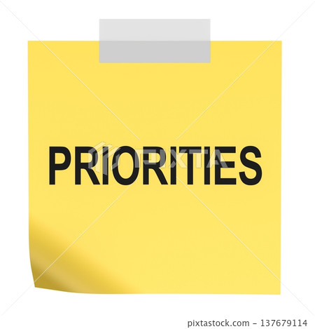 Priorities sticky note with tape. 3D rendering 137679114
