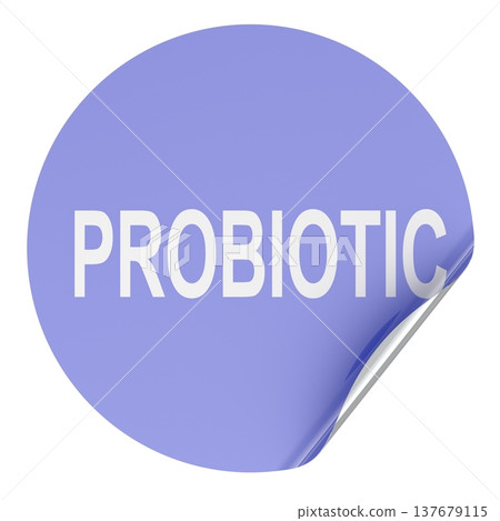Probiotic purple round label with peeling corner, 3D rendering Probiotic purple round label with peeling corner, 3D rendering 137679115