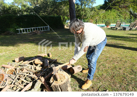 Outdoor Wood Cutting Activity in Backyard 137679149