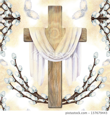 Easter seamless pattern with wooden cross,burning candle and radiant golden halo. Watercolor Christian design on white background for church publication, greeting card, print, textile, packaging 137679443