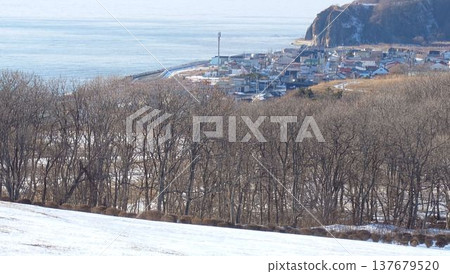 北海道的冬季景色，展現了沿海小鎮和白雪皚皚的風景。 137679520