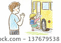 A father sees his kindergarten-aged daughter off on the bus. 137679538