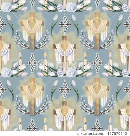 Watercolor Easter pattern with wooden cross, burning candle, white tulips,decorated eggs. Soft botanical design on blue background for greeting cards, packaging, stationery, textiles, craft paper 137679540