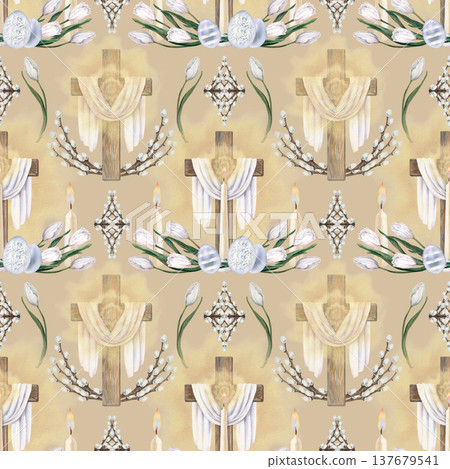 Watercolor Easter pattern with wooden cross, burning candle, white tulips,decorated eggs. Soft botanical design on beige background for greeting cards, packaging, stationery, textiles, craft paper 137679541