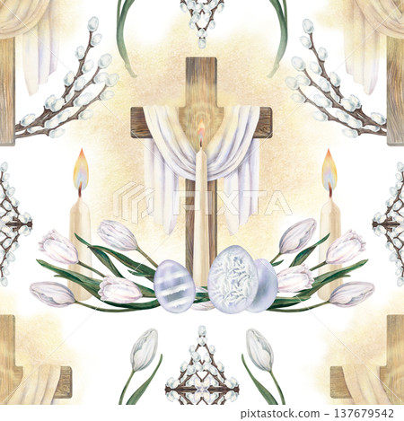 Watercolor Easter pattern with wooden cross, burning candle, white tulips,decorated eggs. Soft botanical design on white background for greeting cards, packaging, stationery, textiles, craft paper 137679542