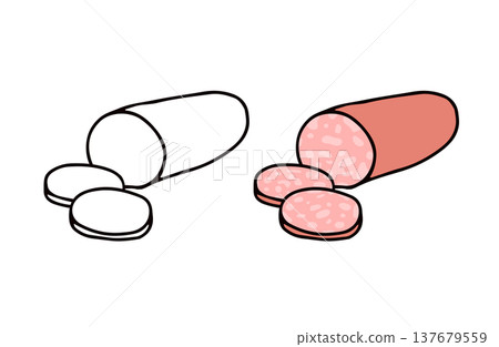 一組彩色和黑白的薩拉米香腸插圖。 一組彩色和黑白的薩拉米香腸插圖。 137679559