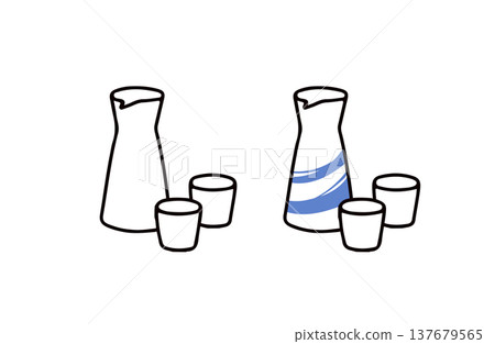 A set of illustrations of a sake bottle and sake cups, in color and black and white. A set of illustrations of a sake bottle and sake cups, in color and black and white. 137679565