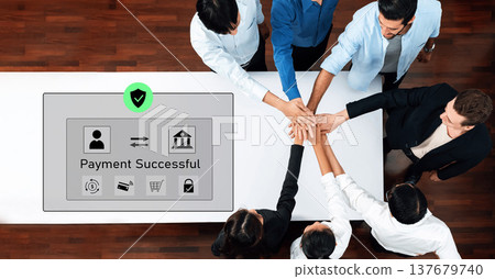 Successful Transaction Celebration in Office, Teamwork and Cooperation, Business Meeting, Financial Agreement, Hands Together over Table with Payment Screen Trope 137679740