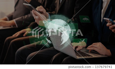 Business people using smartphones and laptops with global connectivity, digital technology, and data visualization in a modern office environment. Raster Business people using smartphones and laptops with global connectivity, digital technology, and data visualization in a modern office environment. Raster 137679741