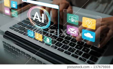 Hands Typing on Laptop Keyboard with Digital Interface Illustrating Artificial Intelligence Concept and Various Icons Representing Technology and Communication Gluon Hands Typing on Laptop Keyboard with Digital Interface Illustrating Artificial Intelligence Concept and Various Icons Representing Technology and Communication Gluon 137679808