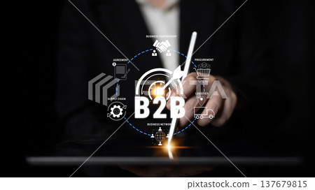 Innovative B2B Business Model Concept with Icons Representing Supply Chain, Logistics, Procurement, and Business Network in Dark Background Quark Innovative B2B Business Model Concept with Icons Representing Supply Chain, Logistics, Procurement, and Business Network in Dark Background Quark 137679815