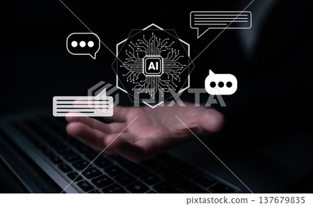 Hand Reaching Toward AI Symbol with Chat Bubbles on Dark Background Representing Modern Technology and Communication Concepts Gantry Hand Reaching Toward AI Symbol with Chat Bubbles on Dark Background Representing Modern Technology and Communication Concepts Gantry 137679835