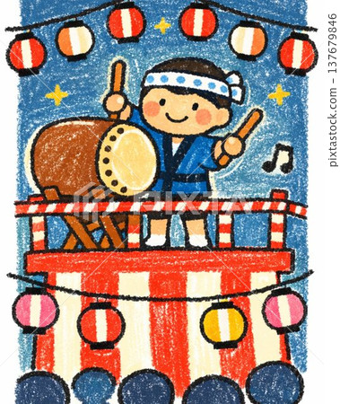 一幅描繪有人在盂蘭盆舞台上擊鼓的插圖。 137679846