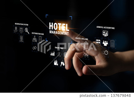 Hand Interacting with Digital Hotel Management Interface Showcasing Various Features and Services for Enhanced Hospitality Experience Quark Hand Interacting with Digital Hotel Management Interface Showcasing Various Features and Services for Enhanced Hospitality Experience Quark 137679848