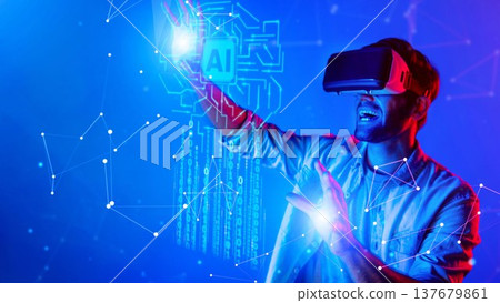 Excited young man experiencing virtual reality with glowing hand gestures and futuristic visuals representing artificial intelligence and technology interaction Gluon Excited young man experiencing virtual reality with glowing hand gestures and futuristic visuals representing artificial intelligence and technology interaction Gluon 137679861