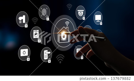 Hand Interacting with Smart Home Security Icons Illustrating Modern Technology and IoT Devices for Enhanced Safety and Connectivity in Domestic Spaces Gantry Hand Interacting with Smart Home Security Icons Illustrating Modern Technology and IoT Devices for Enhanced Safety and Connectivity in Domestic Spaces Gantry 137679882