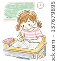 A little girl taking a test in the classroom 137679895